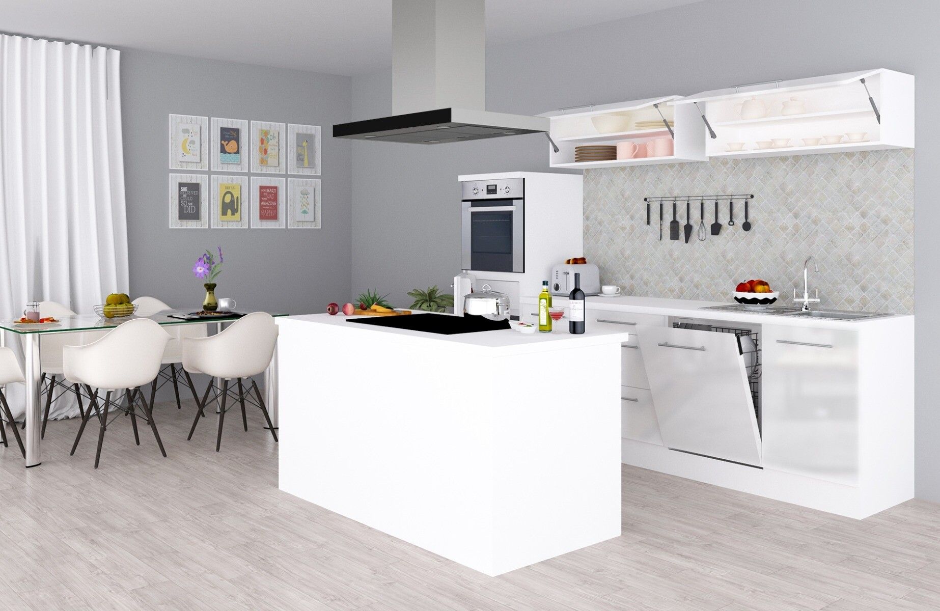 Keuken met kookeiland met witte ombouw en witte hoogglans frontjes