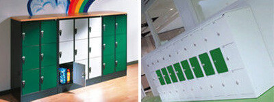Halfhoge lockers met groene en witte deuren voor basisschool leerlingen