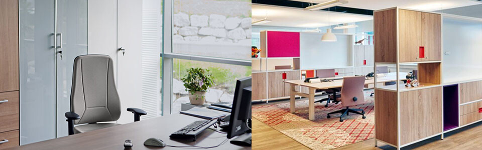 bureau met bureau stoel en een open kleurrijke kantoor ruimte